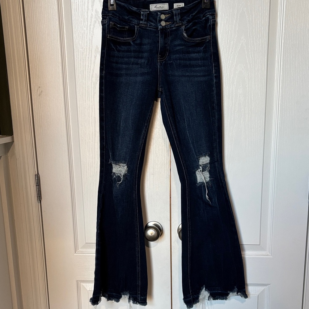 Youth KanCan Dark Blue Distressed Flare Jeans